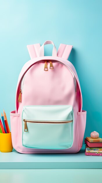 Организованный школьный рюкзак на веселом пастельном фоне