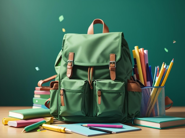 Organized school backpack with colorful stationery on green background