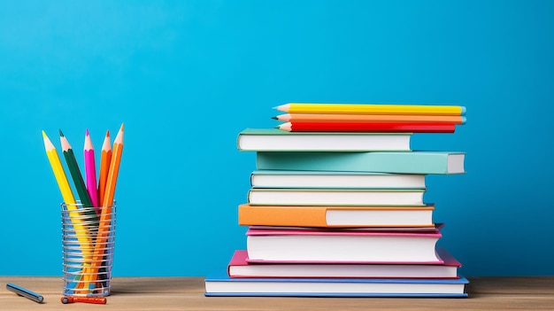 Organized Stack of Textbooks and Notebooks with Surrounding Pens and Pencils