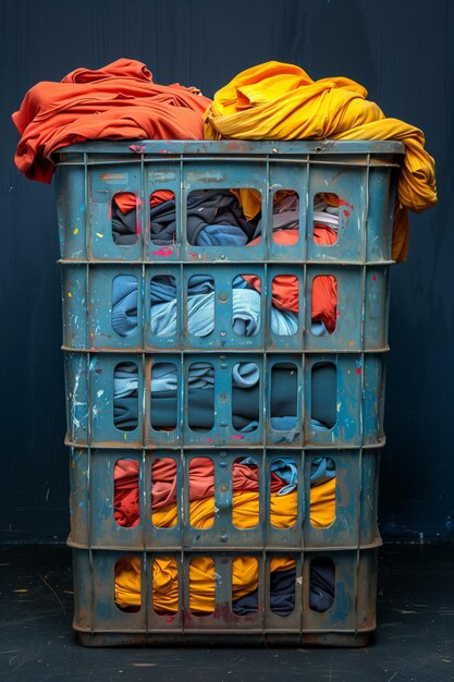 Photo organized textiles in blue industrial storage bin