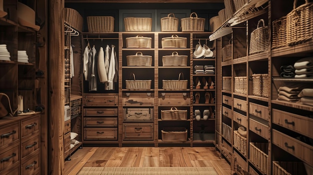 Organized walkin closet with wooden shelves full of baskets and clothing