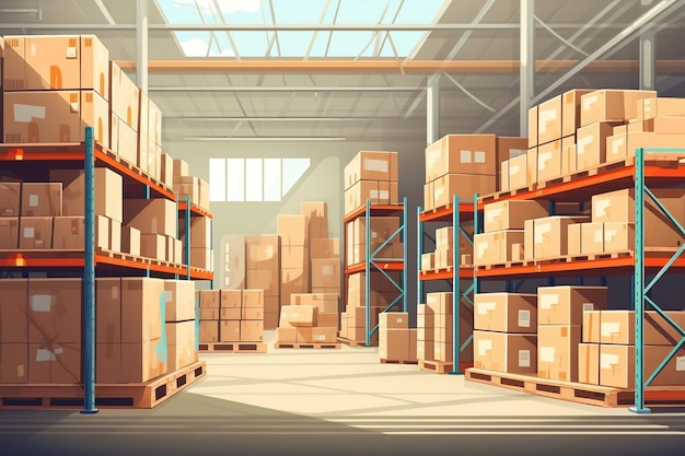 Organized Warehouse Cardboard Boxes on Storage Shelves Generative Ai