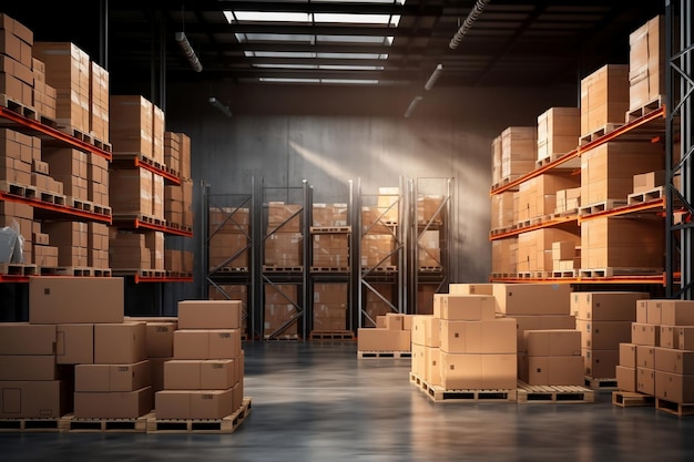 Organized Warehouse Cardboard Boxes on Storage Shelves Generative Ai