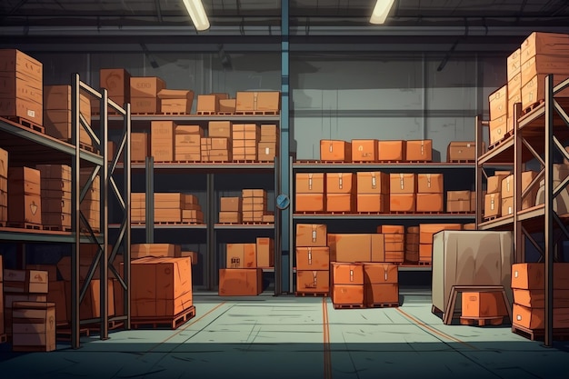 Организованные складские картонные коробки на полках для хранения Generative Ai