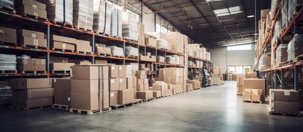 Organized warehouse storage with white boxes