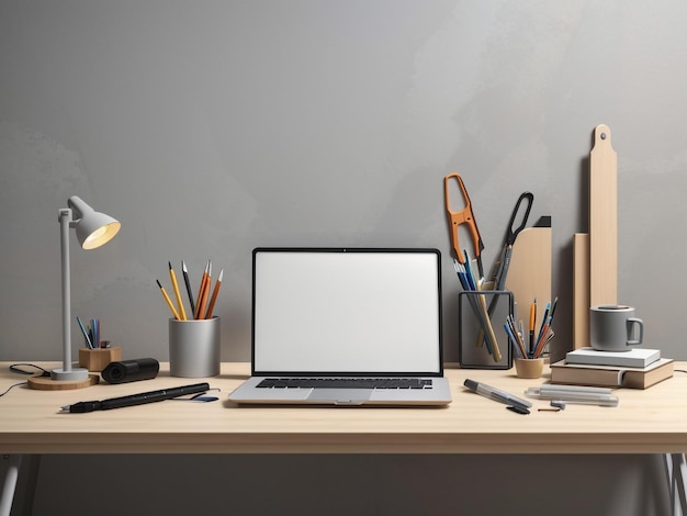 Organized workspace laptop and stationery tools on wooden desk