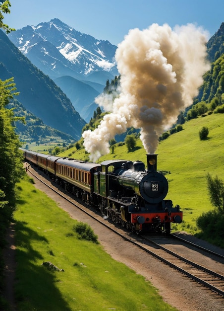 Foto il treno orient express che si muove a velocità sul binario in una giornata di sole con le montagne sullo sfondo