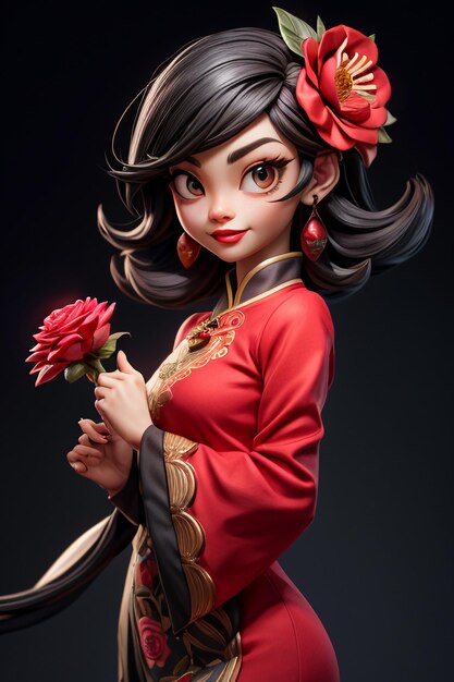 Oriental asian chinese beauty wearing red classical clothes holding flowers cartoon anime style