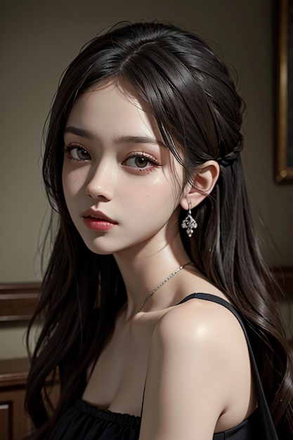 동양의 아름다움 섬세한 얼굴 특징 뜨거운 이브닝 드레스를 입은 젊은 아름다운 소녀