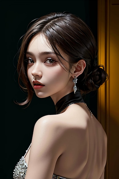 Oriental beauty delicate facial features young beautiful girl wearing evening dress body hot