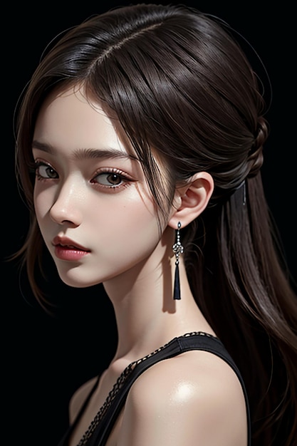 Oriental beauty delicate facial features young beautiful girl wearing evening dress body hot