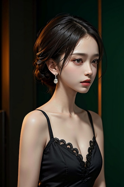 Oriental beauty delicate facial features young beautiful girl wearing evening dress body hot