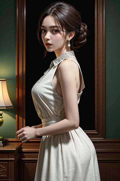 Oriental beauty delicate facial features young beautiful girl wearing evening dress body hot