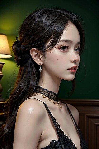 Oriental beauty delicate facial features young beautiful girl wearing evening dress body hot