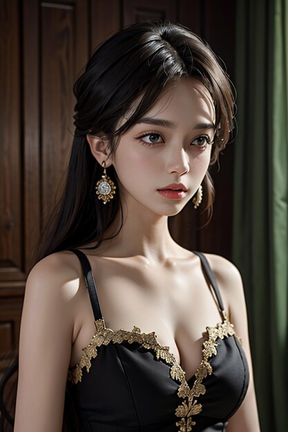 Oriental beauty delicate facial features young beautiful girl wearing evening dress body hot