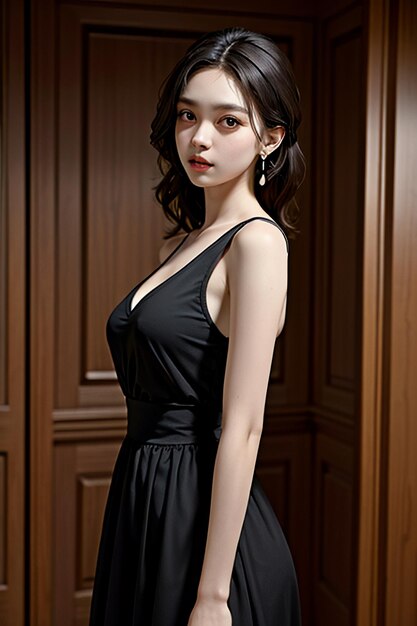 Oriental beauty delicate facial features young beautiful girl wearing evening dress body hot