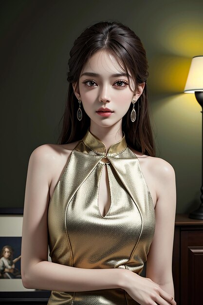 Oriental beauty delicate facial features young beautiful girl wearing evening dress body hot