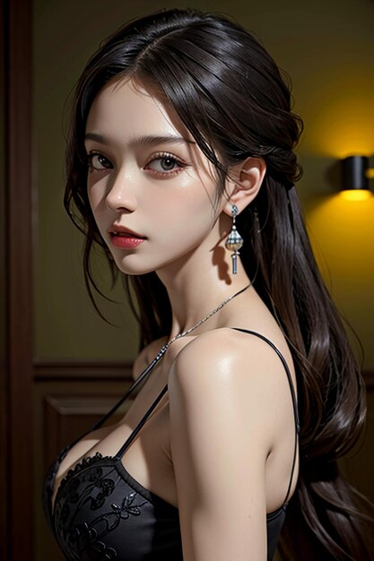 Oriental beauty delicate facial features young beautiful girl wearing evening dress body hot