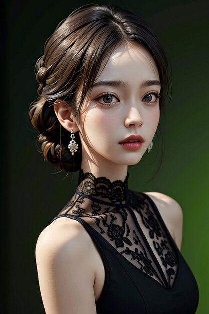 Oriental beauty delicate facial features young beautiful girl wearing evening dress body hot