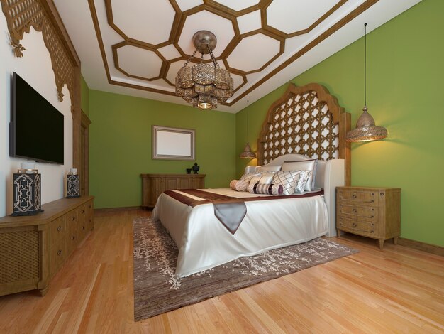 Oriental bedroom in Arab style, with a wooden headboard and green walls. TV unit, dressing table, armchair with coffee table. 3D rendering.