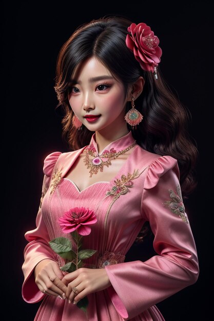 Oriental chinese beauty traditional classic beautiful girl wearing cheongsam holding rose flower