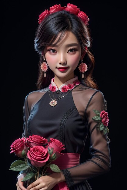 Oriental chinese beauty traditional classic beautiful girl wearing cheongsam holding rose flower