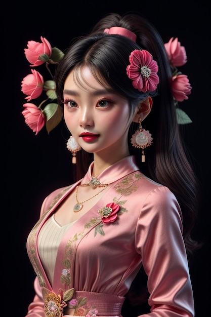 Foto ragazza orientale classica classica di bellezza cinese orientale che indossa il cheongsam che tiene il fiore rosa