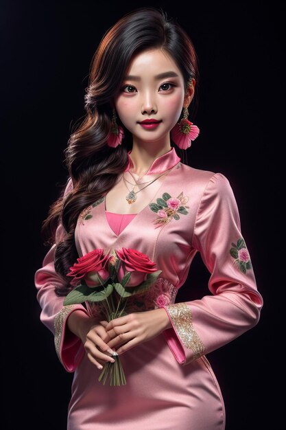 Oriental chinese beauty traditional classic beautiful girl wearing cheongsam holding rose flower