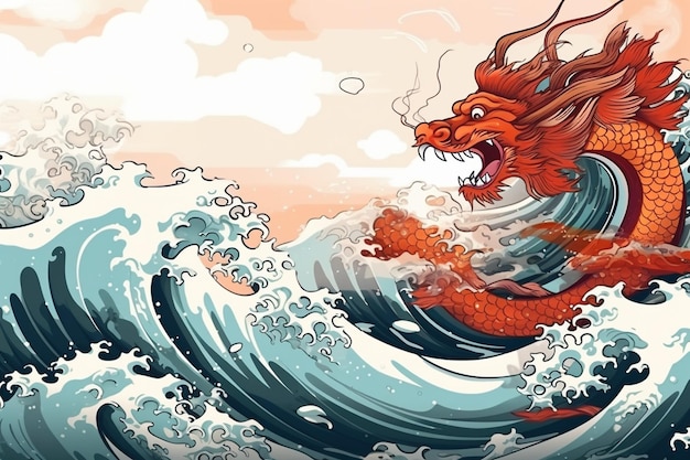 Foto disegno di copertina orientale con draghi e onde