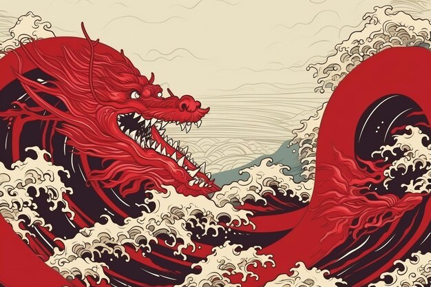 Восточный дизайн обложки с драконами и волнами