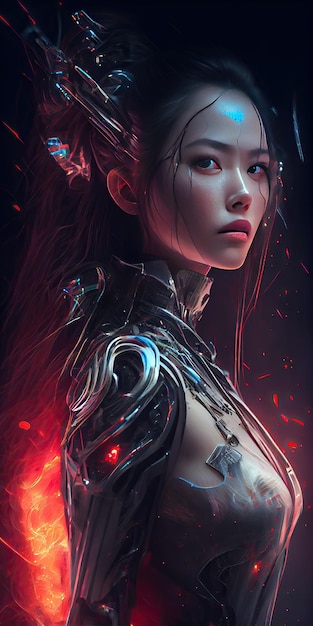 Oriental cyberpunk female warrior fictional character AI based illustration