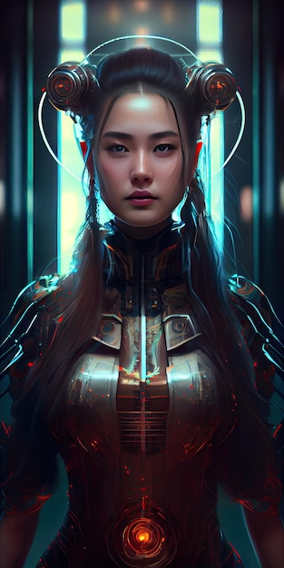 Oriental cyberpunk female warrior fictional character AI based illustration