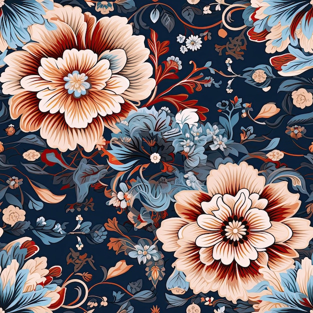Oriental ethnic traditional japanese floral seamless carpet pattern with red and blue flowers on a dark background