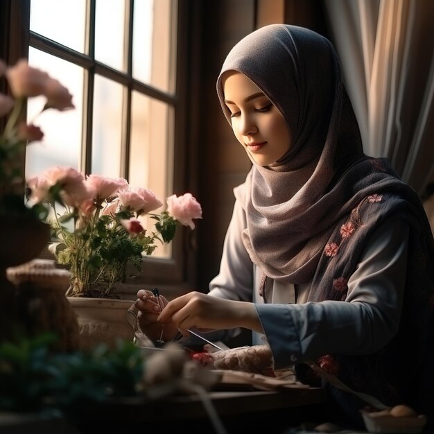 Foto una ragazza orientale con la religione islamica e un hijab sulla testa si prende cura dei fiori