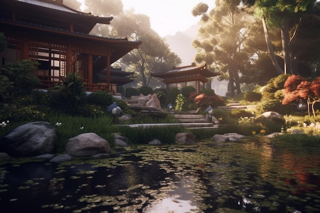 Oriental Japanese garden with sunlights enchanted garden background Generative Ai