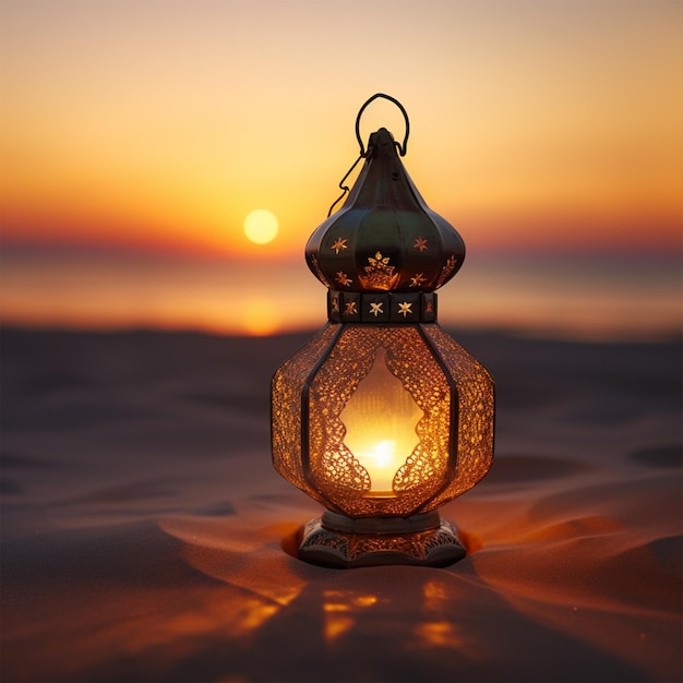 oriental lamp in the sand at Ramadan night landscape with white background