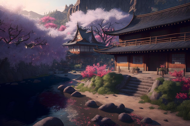 Oriental landscape with japanese traditional building close to river and cloudy mountains in time of sakura blossom Neural network generated art