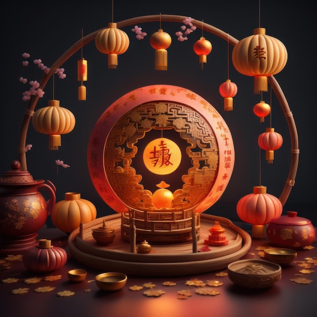 Oriental lanterns in autumn colors on a dark background Generative AI