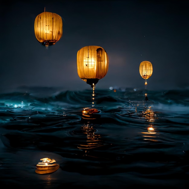 Oriental lanterns flying over the water reflection of neon\
lights in water romantic evening lights night bokeh the magical\
atmosphere of a cozy evening in nature 3d illustration