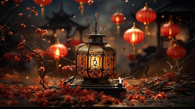 Oriental lanterns with red oriental background for Chinese new year celebration