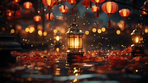 Oriental lanterns with red oriental background for Chinese new year celebration