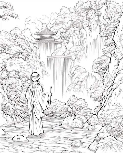 Oriental Man at a Waterfall with an Umbrella