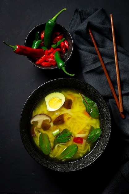 Oriental noodles soup in a restaurant