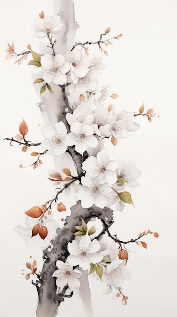 A oriental painting of a tree with white flowers