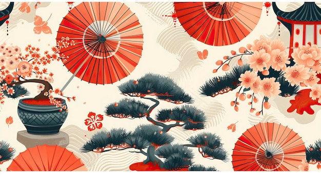 Oriental seamless pattern with japanese umbrellas and bonsai Asian print Chinese motifs beautiful