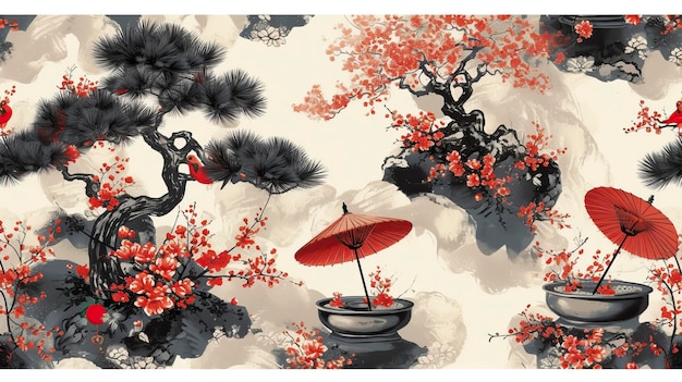 Oriental seamless pattern with japanese umbrellas and bonsai Asian print Chinese motifs beautiful