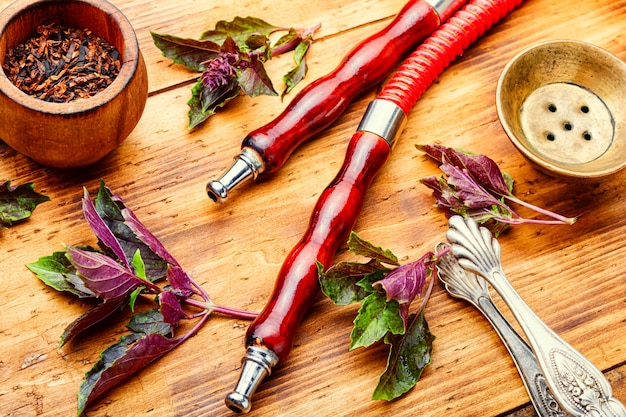 Narghilè fumante orientale con tabacco sulle erbe. shisha con aroma di basilico.