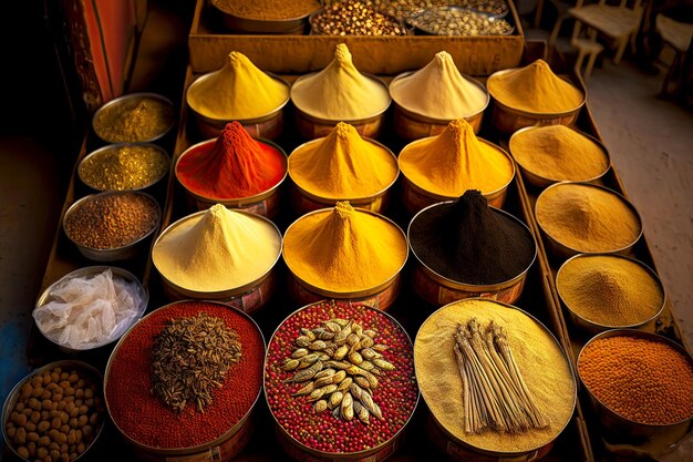 Photo oriental spices and herbs for cooking in container on old middle eastern market