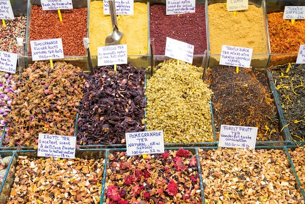 Oriental spices and tea at the Grand Bazaar in Istanbul Turkey