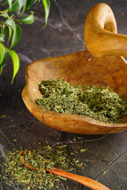 Oriental spices on a wooden background Indian seasonings